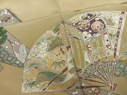 平和屋着物●色留訪問着　御所車扇面飛鶴草花文　金銀彩　さが美扱い　正絹　逸品　AABM2671ph