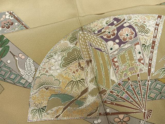 平和屋着物●色留訪問着　御所車扇面飛鶴草花文　金銀彩　さが美扱い　正絹　逸品　AABM2671ph