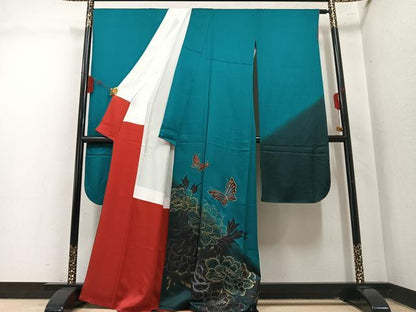 平和屋着物●豪華振袖　花蝶文　暈し染め　金彩　正絹　逸品　AABM2679ph