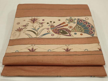 平和屋着物▼中国三大刺繍　相良刺繍　太鼓柄袋帯　天然美　花鳥文　正絹　逸品　AABM2684ou