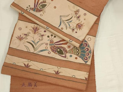 平和屋着物▼中国三大刺繍　相良刺繍　太鼓柄袋帯　天然美　花鳥文　正絹　逸品　AABM2684ou