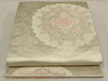 平和屋着物◎六通柄袋帯　唐織　正倉院花文　銀糸　正絹　逸品　未使用　AABM2686ou