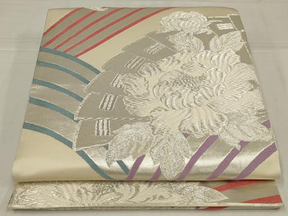 平和屋着物◎六通柄袋帯　唐織　檜扇花文　銀糸　正絹　逸品　未使用　AABM2688ou