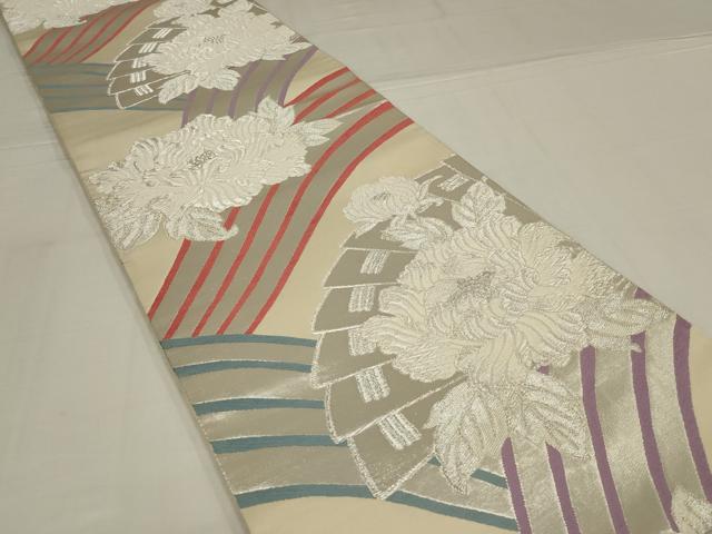平和屋着物◎六通柄袋帯　唐織　檜扇花文　銀糸　正絹　逸品　未使用　AABM2688ou