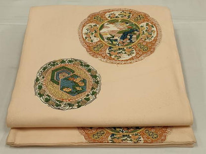 平和屋着物◎六通柄袋帯　唐織　花鳥絵皿文　正絹　逸品　AABM2694ou