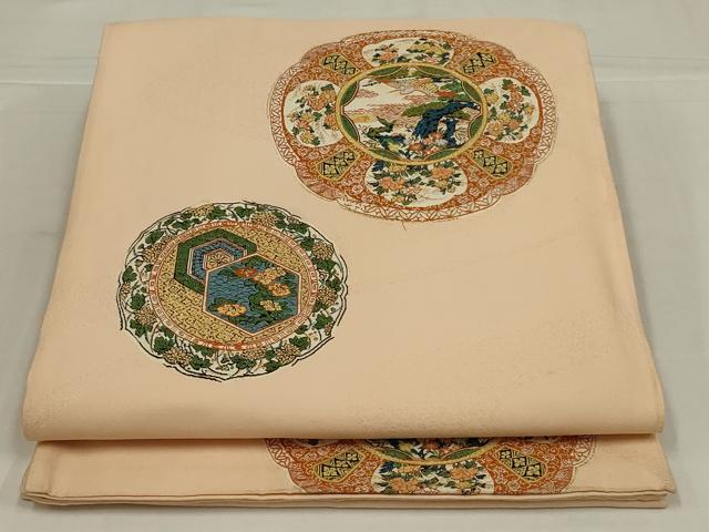 平和屋着物◎六通柄袋帯　唐織　花鳥絵皿文　正絹　逸品　AABM2694ou