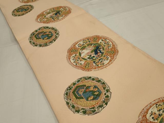 平和屋着物◎六通柄袋帯　唐織　花鳥絵皿文　正絹　逸品　AABM2694ou