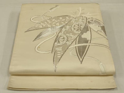 平和屋着物◎太鼓柄袋帯　唐織　駒刺繍　笹の葉文　銀糸　正絹　逸品　AABM2696ou