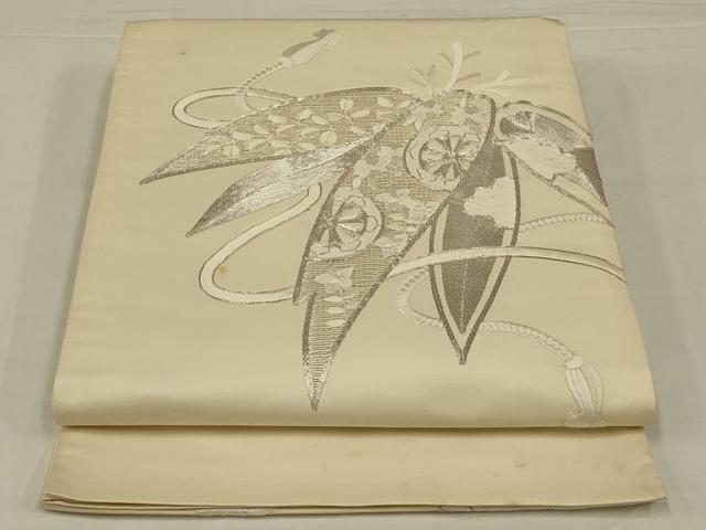平和屋着物◎太鼓柄袋帯　唐織　駒刺繍　笹の葉文　銀糸　正絹　逸品　AABM2696ou