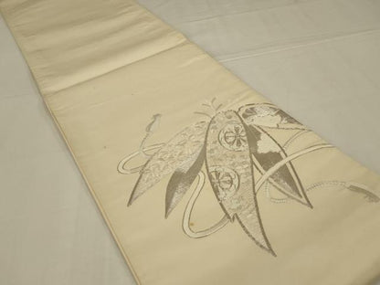 平和屋着物◎太鼓柄袋帯　唐織　駒刺繍　笹の葉文　銀糸　正絹　逸品　AABM2696ou