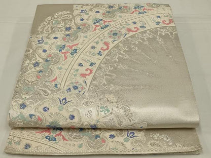 平和屋着物◎六通柄袋帯　唐織　飾花文　銀糸　正絹　逸品　AABM2702ou