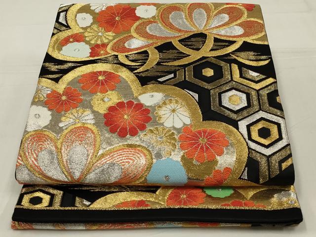 平和屋着物◎六通柄袋帯　唐織　松取吉祥花文　黒地　金銀糸　正絹　逸品　AABM2706ou