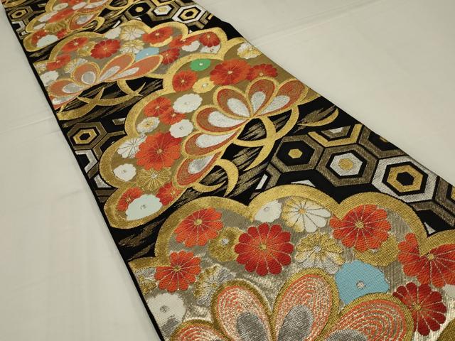 平和屋着物◎六通柄袋帯　唐織　松取吉祥花文　黒地　金銀糸　正絹　逸品　AABM2706ou