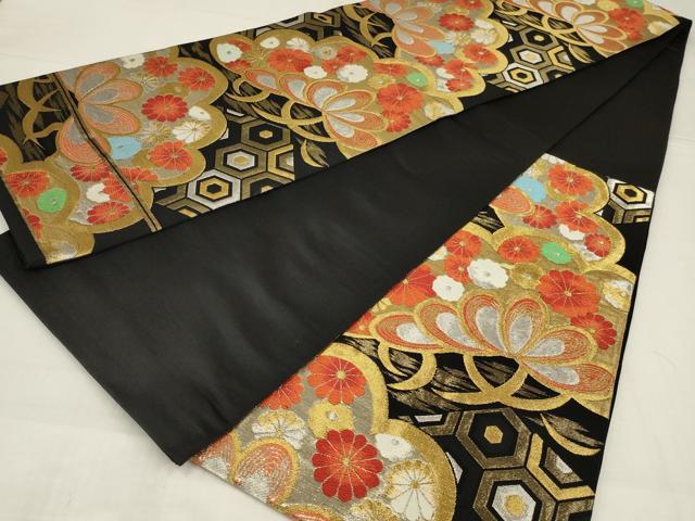平和屋着物◎六通柄袋帯　唐織　松取吉祥花文　黒地　金銀糸　正絹　逸品　AABM2706ou