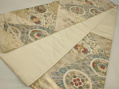 平和屋着物◎六通柄袋帯　唐織　向い鳥花丸文　金糸　正絹　逸品　AABM2709ou