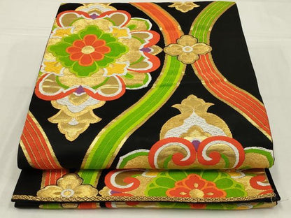 平和屋着物◎六通柄袋帯　唐織　立涌花文　黒地　金糸　正絹　逸品　AABM2711ou