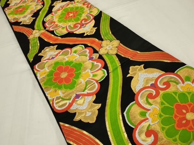平和屋着物◎六通柄袋帯　唐織　立涌花文　黒地　金糸　正絹　逸品　AABM2711ou