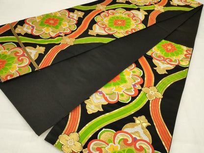 平和屋着物◎六通柄袋帯　唐織　立涌花文　黒地　金糸　正絹　逸品　AABM2711ou