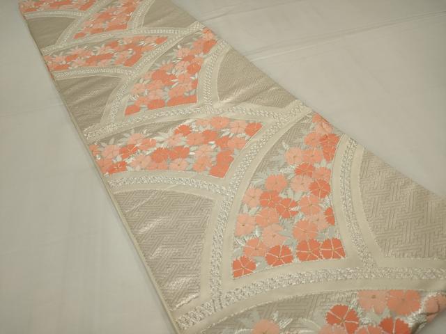 平和屋着物◎六通柄袋帯　唐織　花尽くし　銀糸　正絹　逸品　AABM2719ou