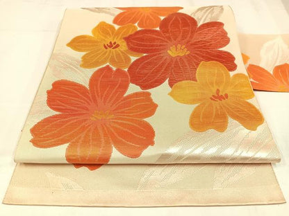 平和屋着物◎八寸名古屋帯　舞花文　正絹　逸品　AABM2721bw