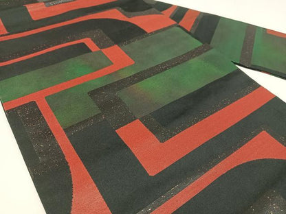 平和屋着物◎九寸名古屋帯　幾何学文　黒地　引箔　正絹　逸品　AABM2722bw
