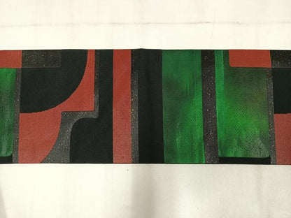 平和屋着物◎九寸名古屋帯　幾何学文　黒地　引箔　正絹　逸品　AABM2722bw