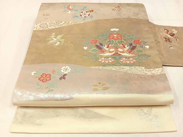 平和屋着物◎九寸名古屋帯　唐織　向かい鳥花文　引箔　正絹　逸品　AABM2727bw