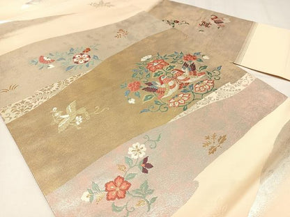 平和屋着物◎九寸名古屋帯　唐織　向かい鳥花文　引箔　正絹　逸品　AABM2727bw