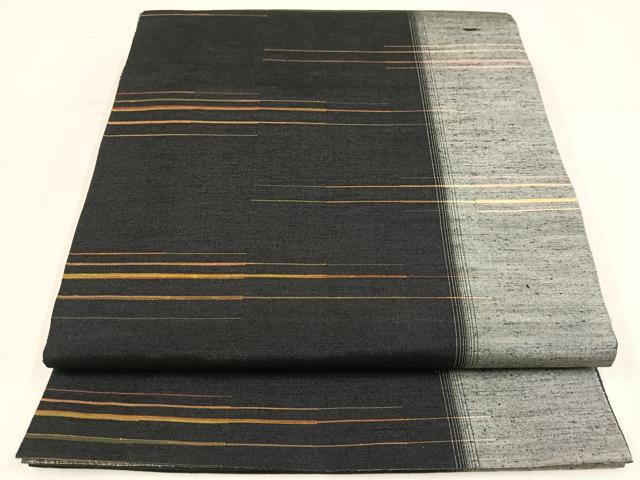 平和屋着物◎両面　全通柄袋帯　紬地　間道　黒地　正絹　逸品　AABM2736bw