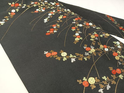 平和屋着物◎九寸名古屋帯　唐織　光琳菊　黒地　金糸　正絹　逸品　AABM2738bw