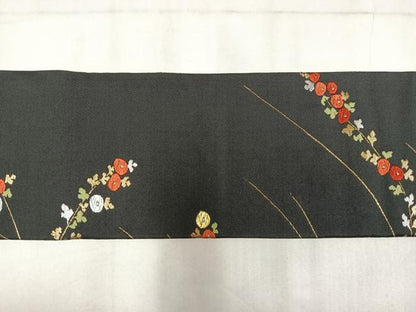 平和屋着物◎九寸名古屋帯　唐織　光琳菊　黒地　金糸　正絹　逸品　AABM2738bw