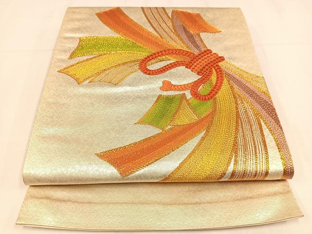 平和屋着物◎太鼓柄袋帯　駒刺繍　束ね熨斗文　正絹　逸品　AABM2747bw