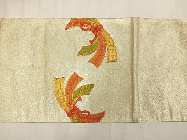 平和屋着物◎太鼓柄袋帯　駒刺繍　束ね熨斗文　正絹　逸品　AABM2747bw