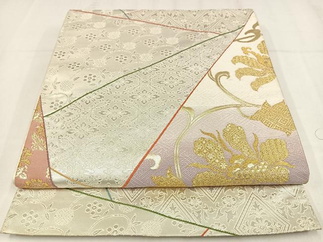 平和屋着物◎六通柄袋帯　切嵌花文　銀糸　正絹　逸品　AABM2749bw