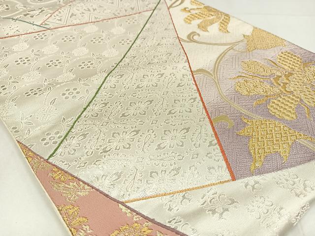 平和屋着物◎六通柄袋帯　切嵌花文　銀糸　正絹　逸品　AABM2749bw