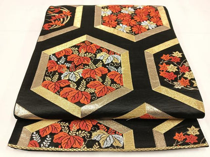 平和屋着物◎六通柄袋帯　唐織　亀甲花文　黒地　金銀糸　正絹　逸品　AABM2751bw
