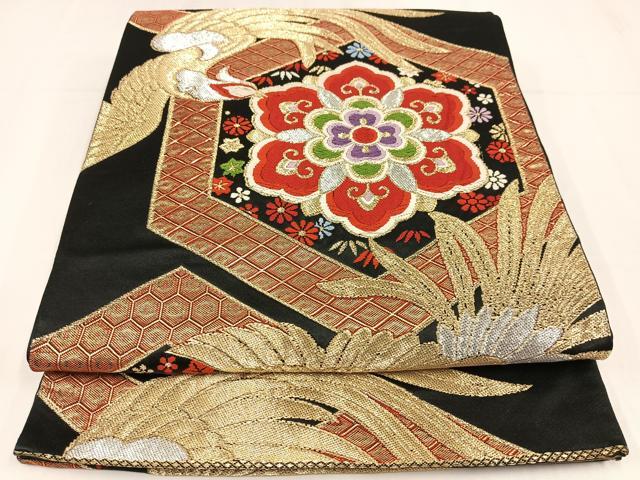 平和屋着物◎六通柄袋帯　唐織　鳳凰花文　黒地　金銀糸　正絹　逸品　AABM2755bw