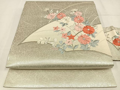平和屋着物◎九寸名古屋帯　刺繍　地紙花文　銀糸　正絹　逸品　AABM2759bw