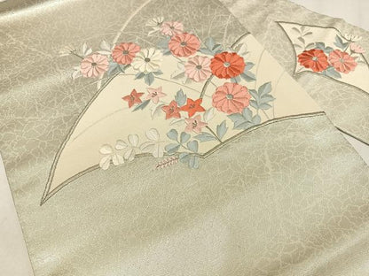 平和屋着物◎九寸名古屋帯　刺繍　地紙花文　銀糸　正絹　逸品　AABM2759bw