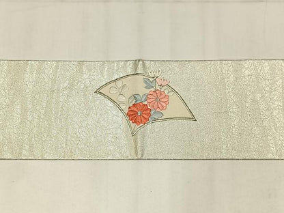 平和屋着物◎九寸名古屋帯　刺繍　地紙花文　銀糸　正絹　逸品　AABM2759bw