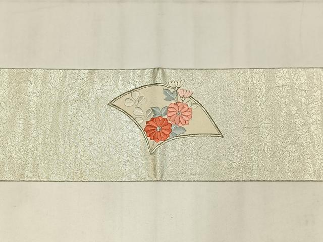 平和屋着物◎九寸名古屋帯　刺繍　地紙花文　銀糸　正絹　逸品　AABM2759bw