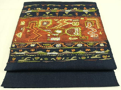 平和屋着物◎八寸名古屋帯　紬地　幾何学文様　正絹　逸品　AABM2761bw