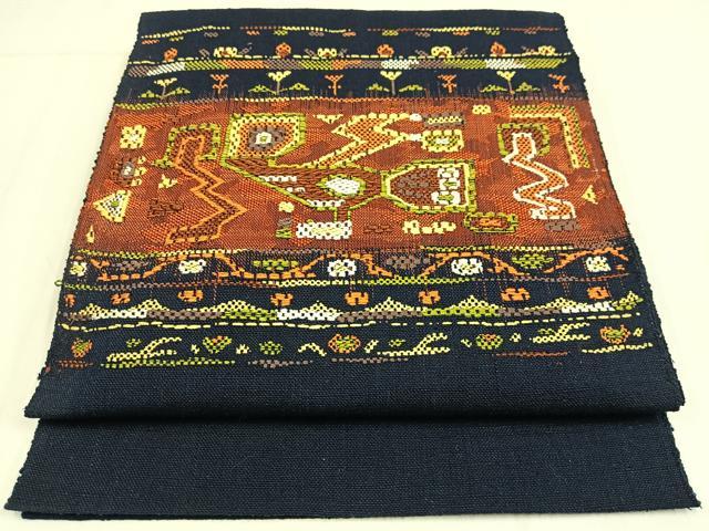 平和屋着物◎八寸名古屋帯　紬地　幾何学文様　正絹　逸品　AABM2761bw