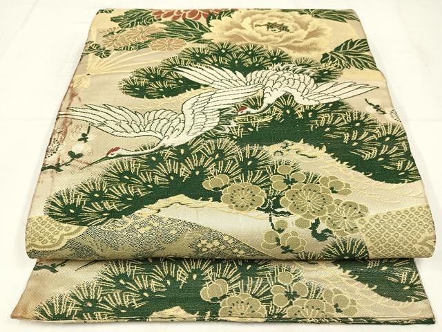 平和屋着物◎アンティーク　大正ロマン　丸帯　群鶴草花　飛鶴松文　引き抜き帯　正絹　逸品　AABM2765bw