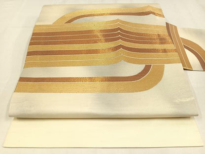 平和屋着物◎九寸名古屋帯　幾何学文様　金糸　正絹　逸品　AABM2768bw