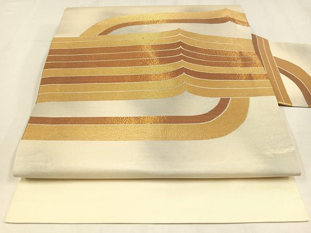 平和屋着物◎九寸名古屋帯　幾何学文様　金糸　正絹　逸品　AABM2768bw