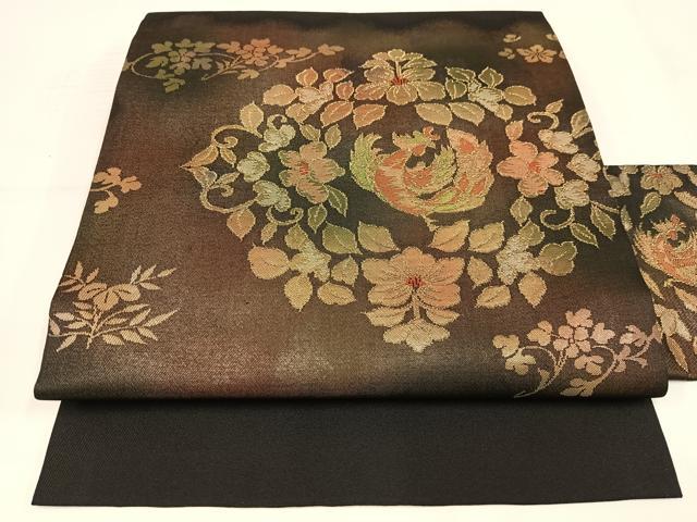 平和屋着物◎九寸名古屋帯　花鳥文　黒地　金糸　引箔　正絹　逸品　AABM2779bw