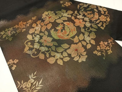 平和屋着物◎九寸名古屋帯　花鳥文　黒地　金糸　引箔　正絹　逸品　AABM2779bw