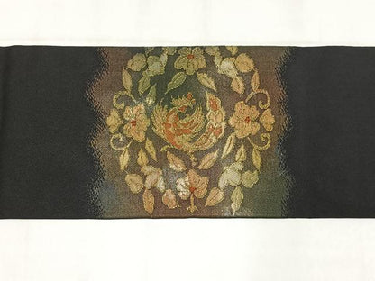 平和屋着物◎九寸名古屋帯　花鳥文　黒地　金糸　引箔　正絹　逸品　AABM2779bw