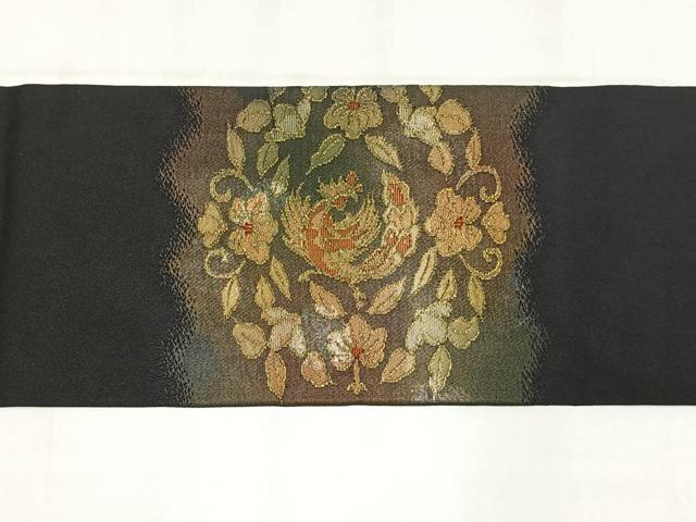 平和屋着物◎九寸名古屋帯　花鳥文　黒地　金糸　引箔　正絹　逸品　AABM2779bw
